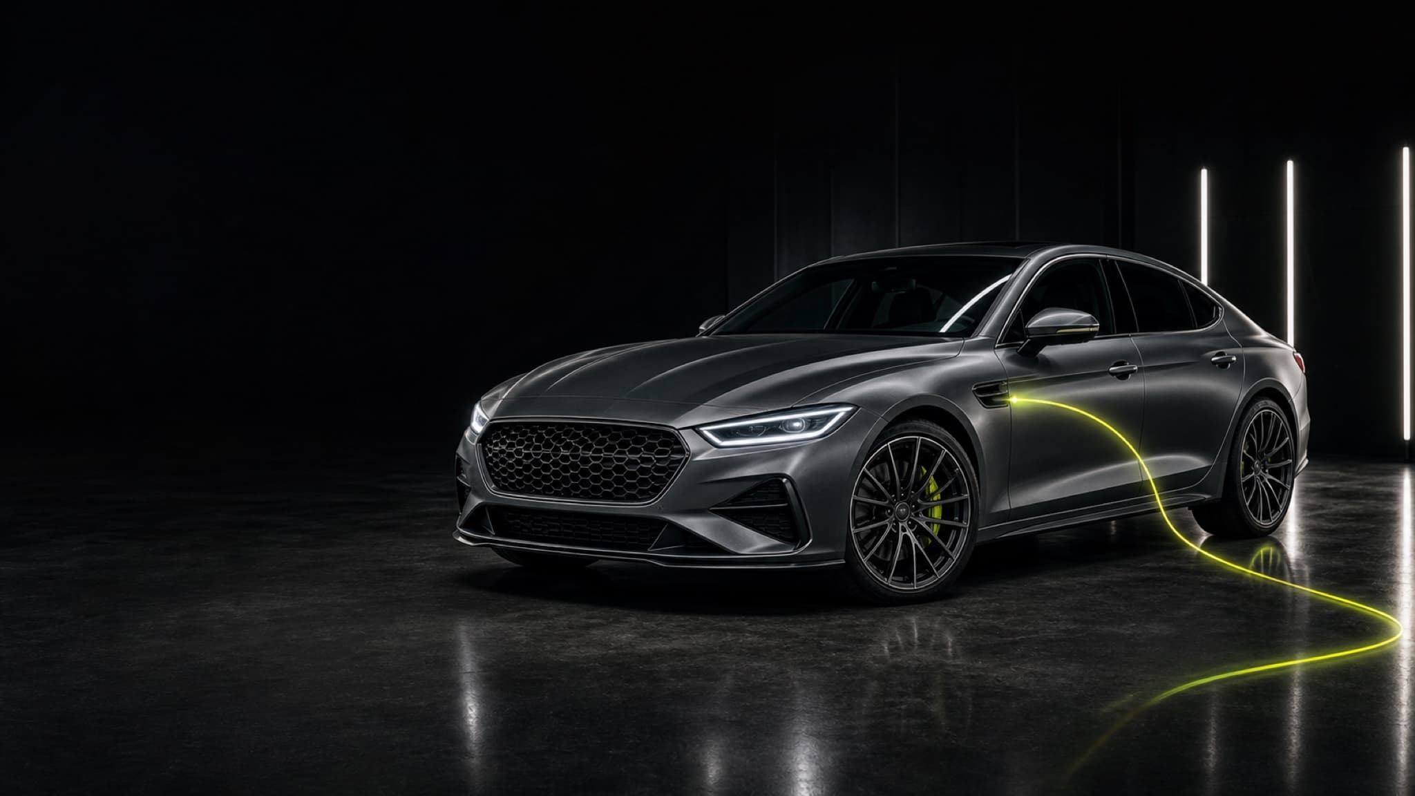 Graphite sport sedan with an illuminated OID data trail